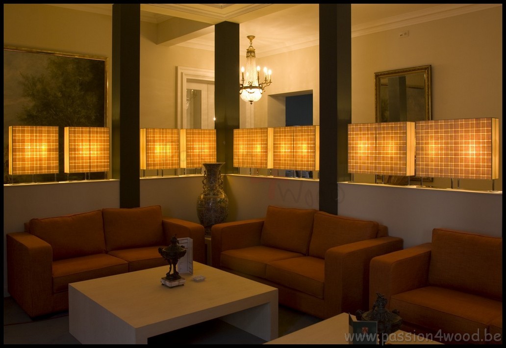 Passion 4 Wood - Wooden design lighting in hotel Maison Merode - lounge corner with soft tone lights in tulip veneer - 06